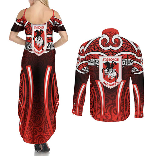 St George Illawarra Dragons Rugby Couples Matching Summer Maxi Dress and Long Sleeve Button Shirt Polynesian Tribal Dragon Warrior Red Pattern