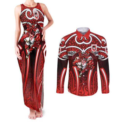 St George Illawarra Dragons Rugby Couples Matching Tank Maxi Dress and Long Sleeve Button Shirt Polynesian Tribal Dragon Warrior Red Pattern
