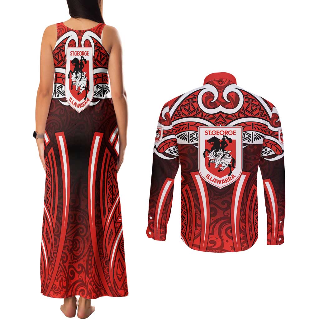 St George Illawarra Dragons Rugby Couples Matching Tank Maxi Dress and Long Sleeve Button Shirt Polynesian Tribal Dragon Warrior Red Pattern