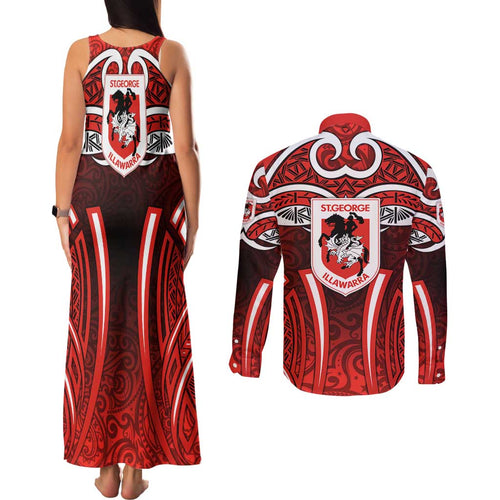 St George Illawarra Dragons Rugby Couples Matching Tank Maxi Dress and Long Sleeve Button Shirt Polynesian Tribal Dragon Warrior Red Pattern