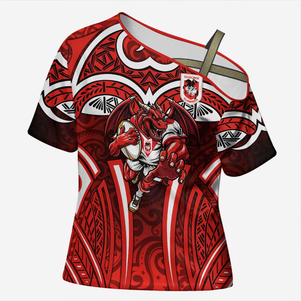 St George Illawarra Dragons Rugby Cross Shoulder Shirt Polynesian Tribal Dragon Warrior Red Pattern