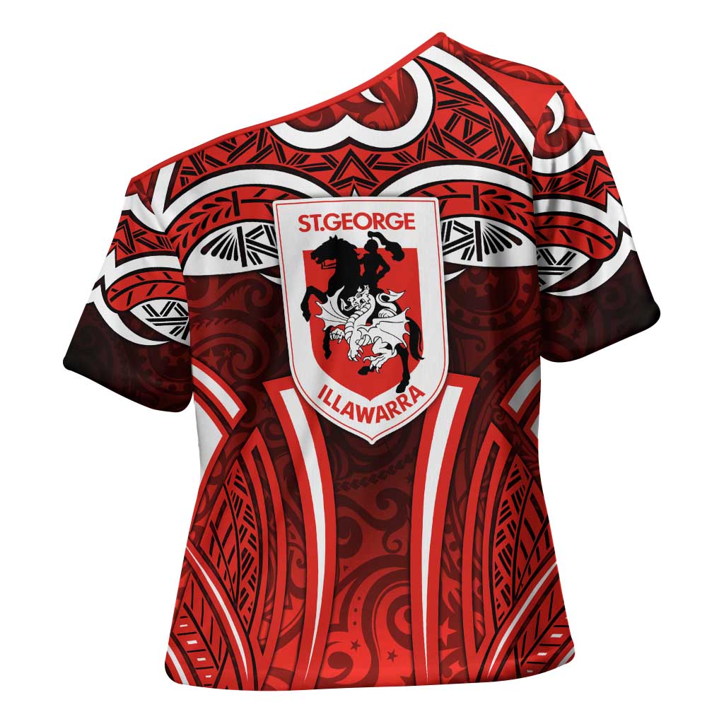 St George Illawarra Dragons Rugby Cross Shoulder Shirt Polynesian Tribal Dragon Warrior Red Pattern