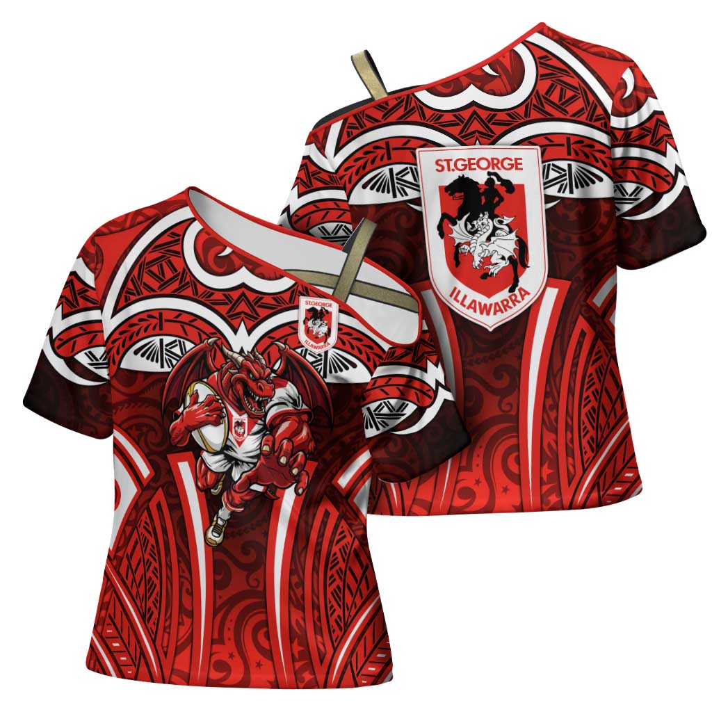 St George Illawarra Dragons Rugby Cross Shoulder Shirt Polynesian Tribal Dragon Warrior Red Pattern