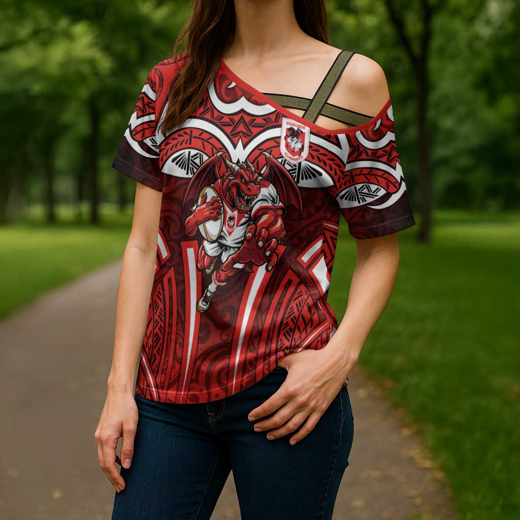 St George Illawarra Dragons Rugby Cross Shoulder Shirt Polynesian Tribal Dragon Warrior Red Pattern