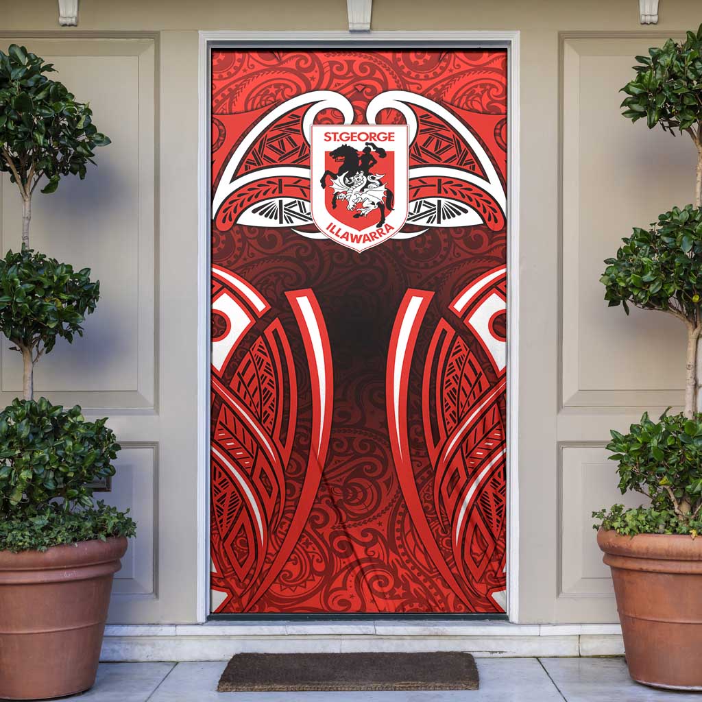 St George Illawarra Dragons Rugby Door Cover Polynesian Tribal Dragon Warrior Red Pattern