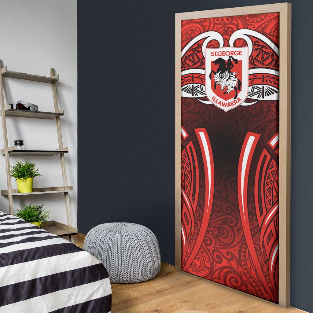 St George Illawarra Dragons Rugby Door Cover Polynesian Tribal Dragon Warrior Red Pattern