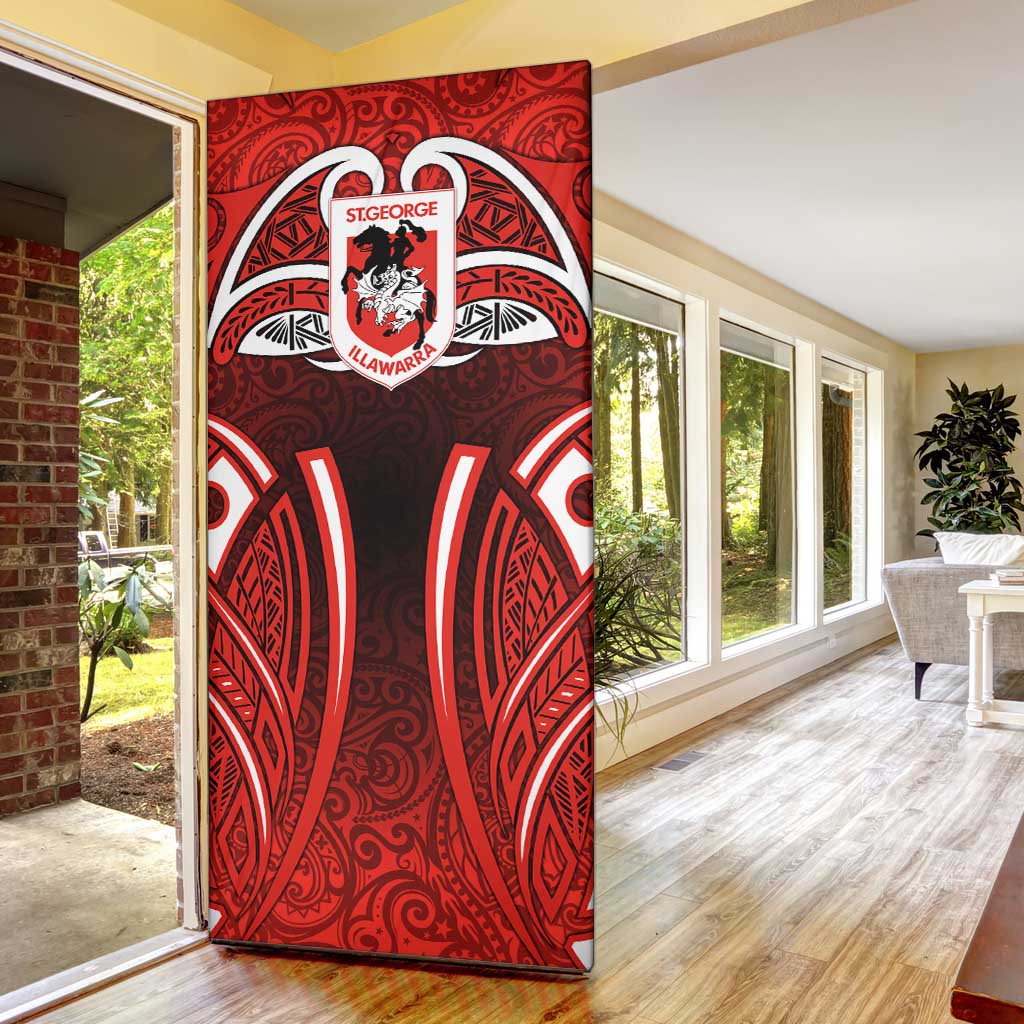 St George Illawarra Dragons Rugby Door Cover Polynesian Tribal Dragon Warrior Red Pattern