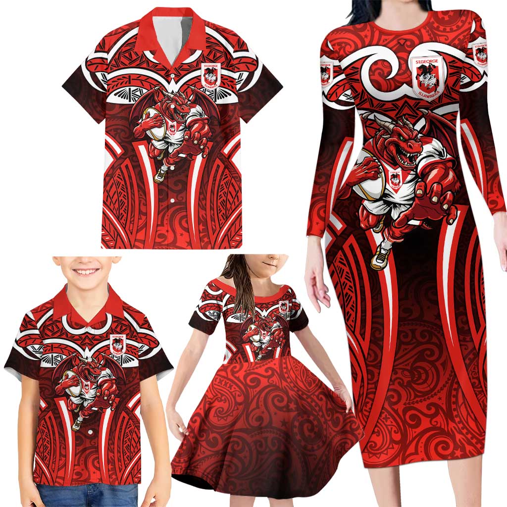 St George Illawarra Dragons Rugby Family Matching Long Sleeve Bodycon Dress and Hawaiian Shirt Polynesian Tribal Dragon Warrior Red Pattern