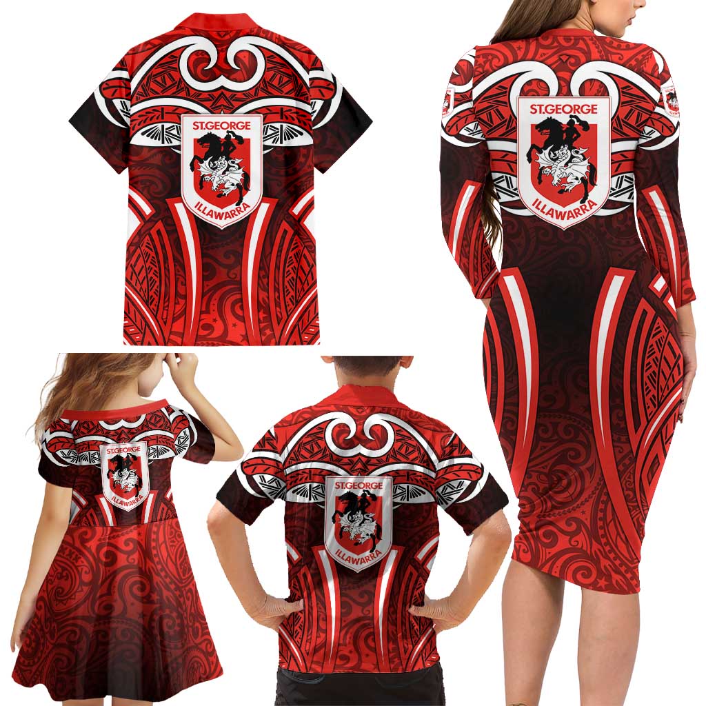 St George Illawarra Dragons Rugby Family Matching Long Sleeve Bodycon Dress and Hawaiian Shirt Polynesian Tribal Dragon Warrior Red Pattern