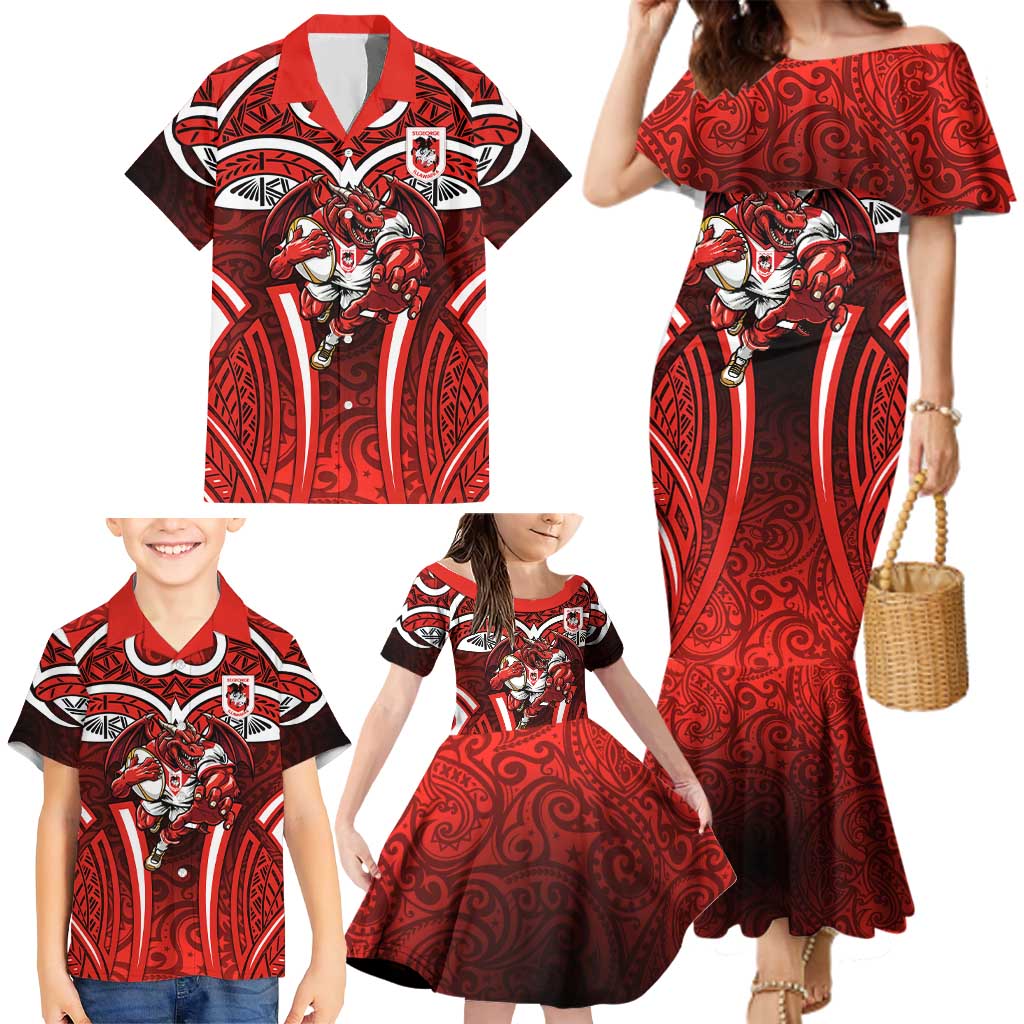 St George Illawarra Dragons Rugby Family Matching Mermaid Dress and Hawaiian Shirt Polynesian Tribal Dragon Warrior Red Pattern