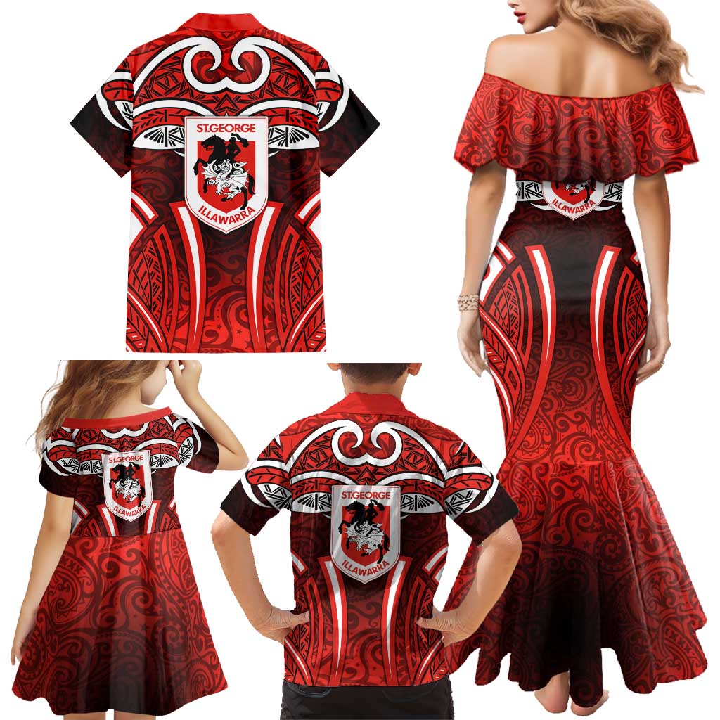 St George Illawarra Dragons Rugby Family Matching Mermaid Dress and Hawaiian Shirt Polynesian Tribal Dragon Warrior Red Pattern