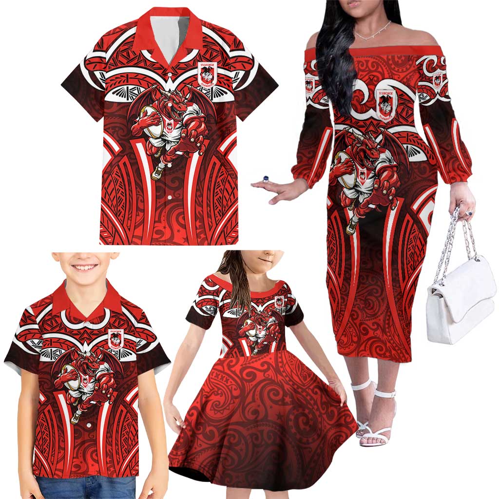 St George Illawarra Dragons Rugby Family Matching Off The Shoulder Long Sleeve Dress and Hawaiian Shirt Polynesian Tribal Dragon Warrior Red Pattern