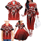 St George Illawarra Dragons Rugby Family Matching Off The Shoulder Long Sleeve Dress and Hawaiian Shirt Polynesian Tribal Dragon Warrior Red Pattern