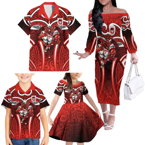 St George Illawarra Dragons Rugby Family Matching Off The Shoulder Long Sleeve Dress and Hawaiian Shirt Polynesian Tribal Dragon Warrior Red Pattern