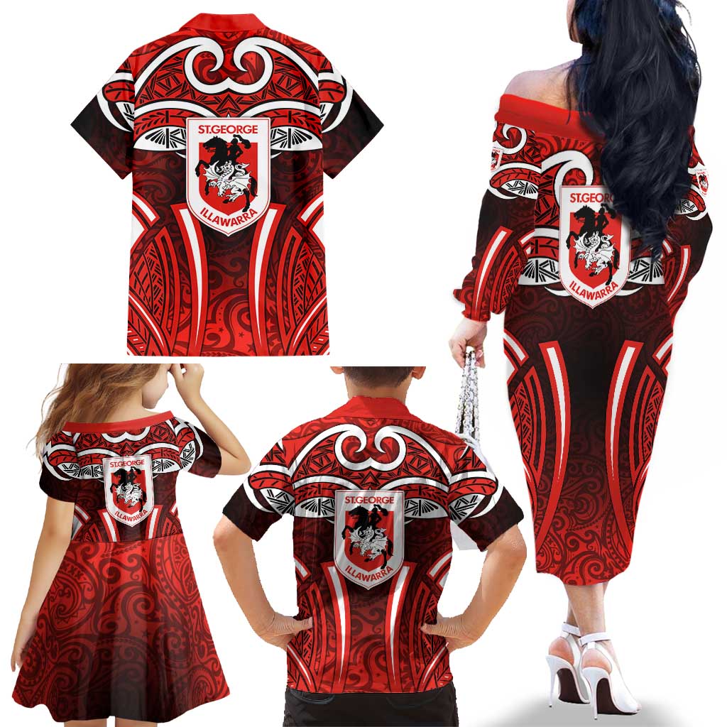 St George Illawarra Dragons Rugby Family Matching Off The Shoulder Long Sleeve Dress and Hawaiian Shirt Polynesian Tribal Dragon Warrior Red Pattern