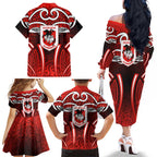 St George Illawarra Dragons Rugby Family Matching Off The Shoulder Long Sleeve Dress and Hawaiian Shirt Polynesian Tribal Dragon Warrior Red Pattern