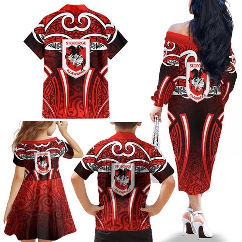 St George Illawarra Dragons Rugby Family Matching Off The Shoulder Long Sleeve Dress and Hawaiian Shirt Polynesian Tribal Dragon Warrior Red Pattern