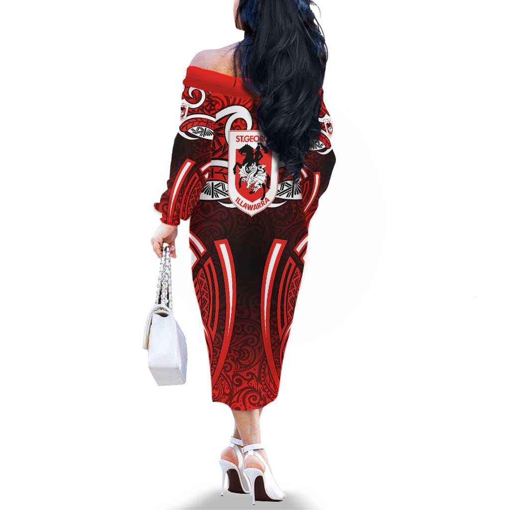 St George Illawarra Dragons Rugby Family Matching Off The Shoulder Long Sleeve Dress and Hawaiian Shirt Polynesian Tribal Dragon Warrior Red Pattern