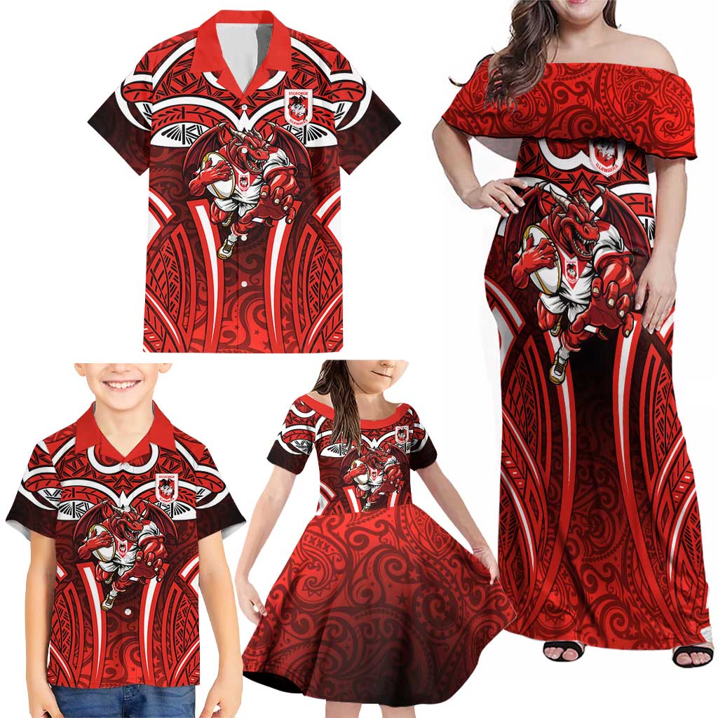 St George Illawarra Dragons Rugby Family Matching Off Shoulder Maxi Dress and Hawaiian Shirt Polynesian Tribal Dragon Warrior Red Pattern