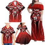 St George Illawarra Dragons Rugby Family Matching Off Shoulder Maxi Dress and Hawaiian Shirt Polynesian Tribal Dragon Warrior Red Pattern