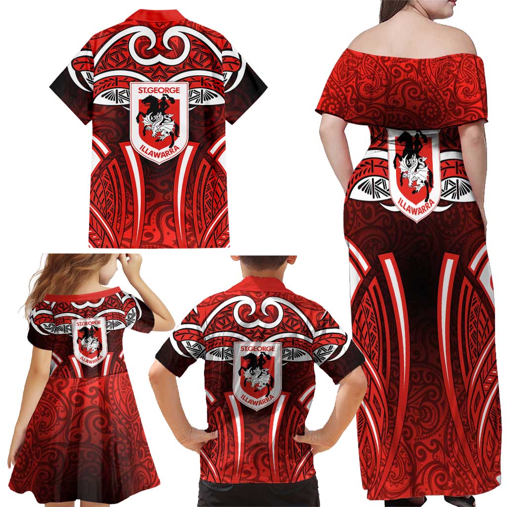 St George Illawarra Dragons Rugby Family Matching Off Shoulder Maxi Dress and Hawaiian Shirt Polynesian Tribal Dragon Warrior Red Pattern