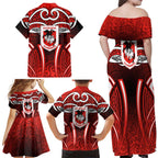 St George Illawarra Dragons Rugby Family Matching Off Shoulder Maxi Dress and Hawaiian Shirt Polynesian Tribal Dragon Warrior Red Pattern