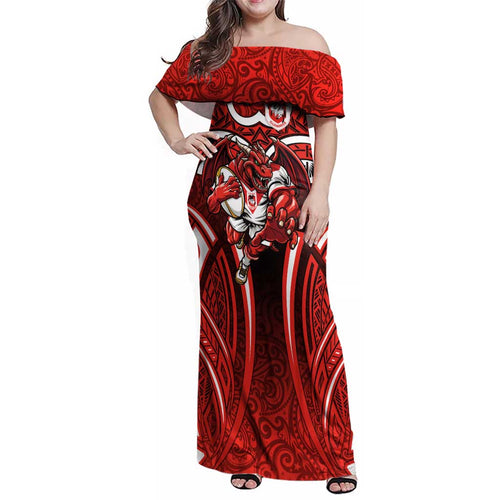 St George Illawarra Dragons Rugby Family Matching Off Shoulder Maxi Dress and Hawaiian Shirt Polynesian Tribal Dragon Warrior Red Pattern