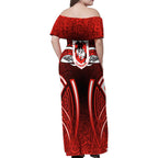 St George Illawarra Dragons Rugby Family Matching Off Shoulder Maxi Dress and Hawaiian Shirt Polynesian Tribal Dragon Warrior Red Pattern