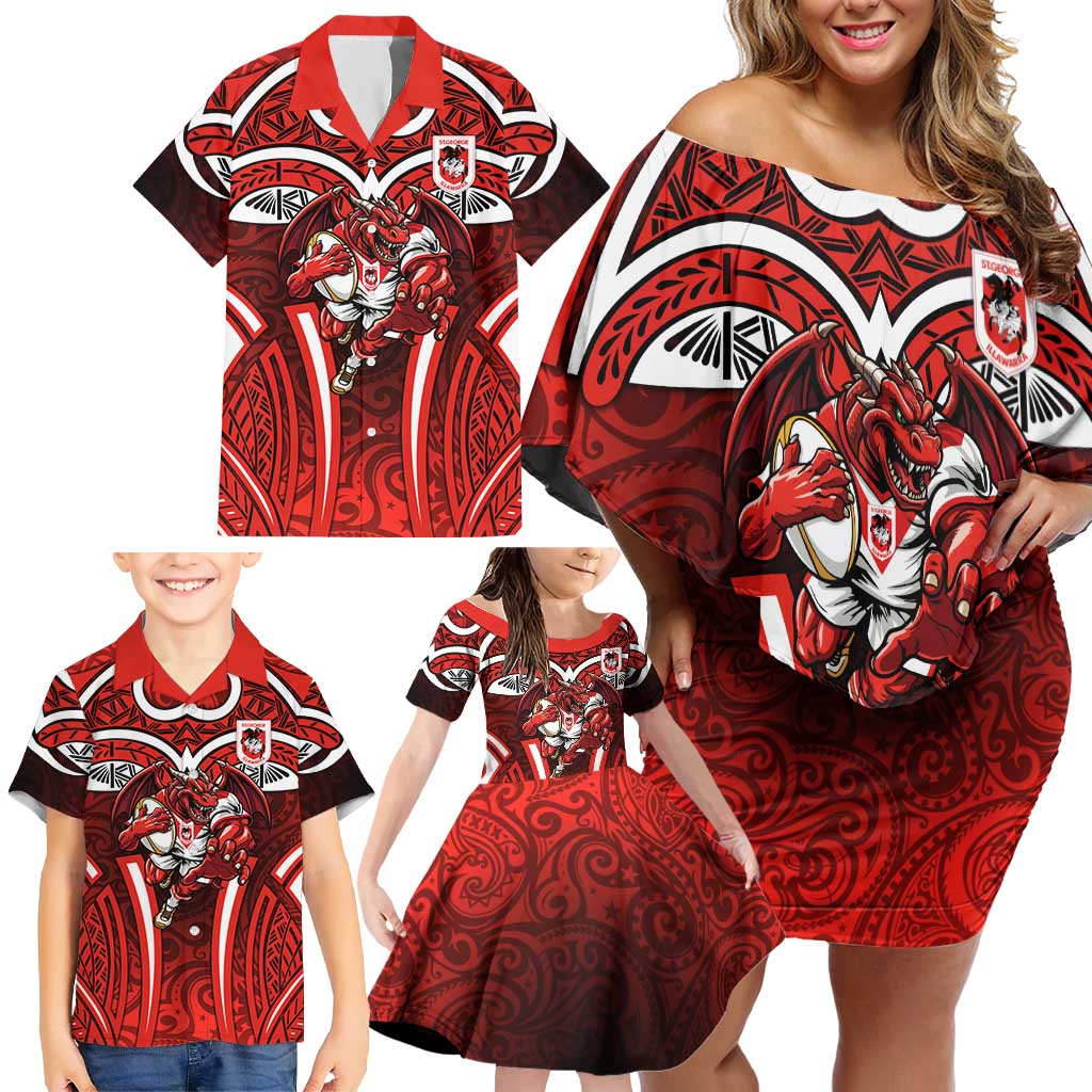 St George Illawarra Dragons Rugby Family Matching Off Shoulder Short Dress and Hawaiian Shirt Polynesian Tribal Dragon Warrior Red Pattern