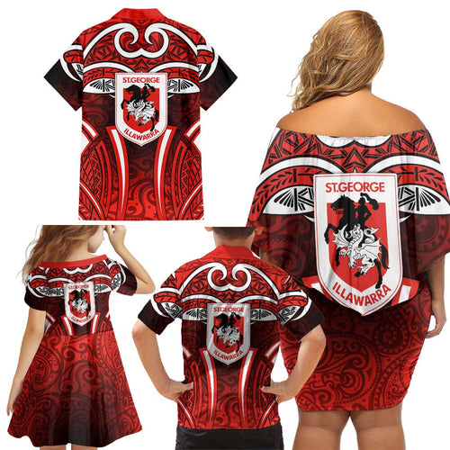 St George Illawarra Dragons Rugby Family Matching Off Shoulder Short Dress and Hawaiian Shirt Polynesian Tribal Dragon Warrior Red Pattern