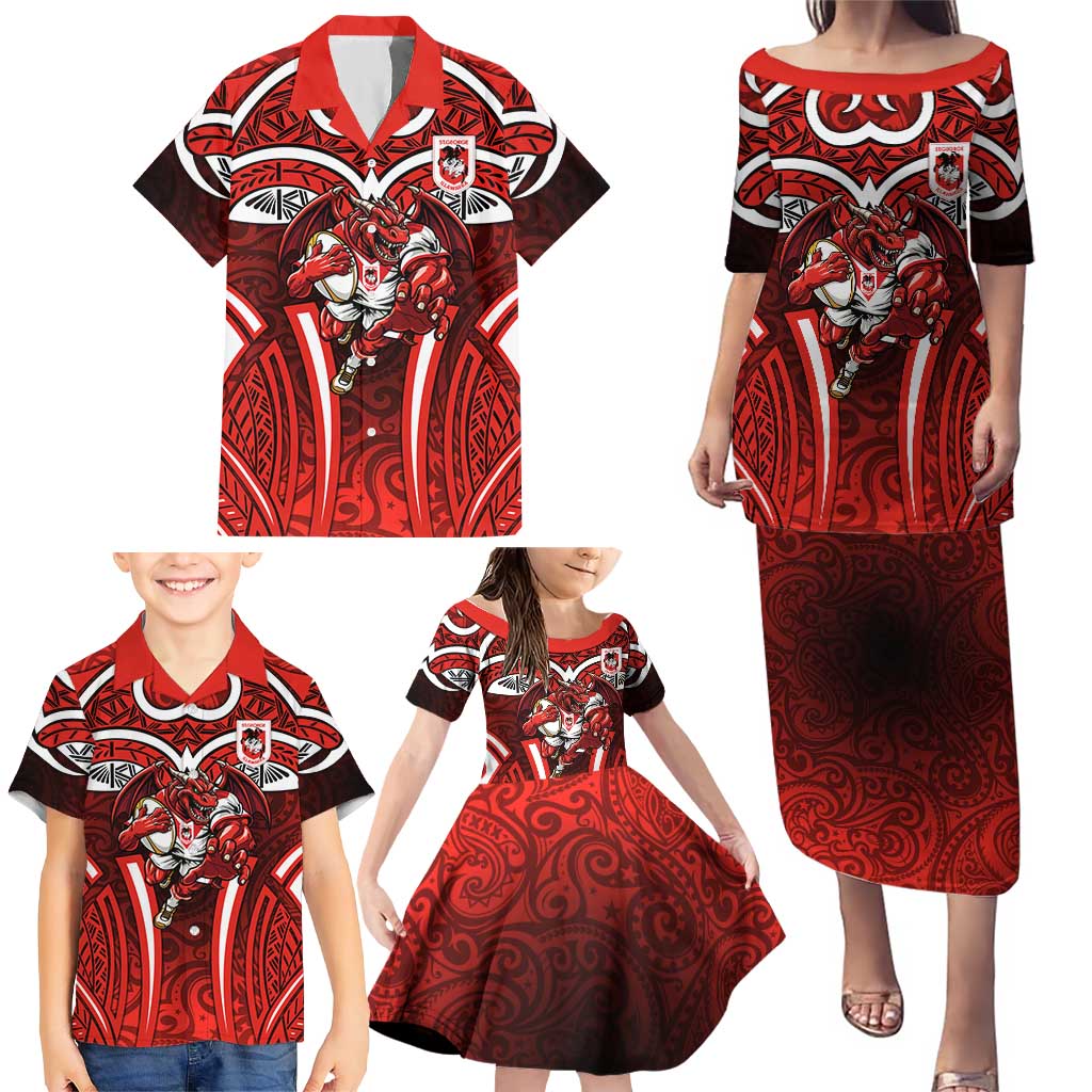 St George Illawarra Dragons Rugby Family Matching Puletasi and Hawaiian Shirt Polynesian Tribal Dragon Warrior Red Pattern