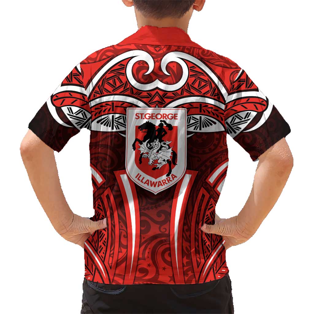 St George Illawarra Dragons Rugby Family Matching Puletasi and Hawaiian Shirt Polynesian Tribal Dragon Warrior Red Pattern