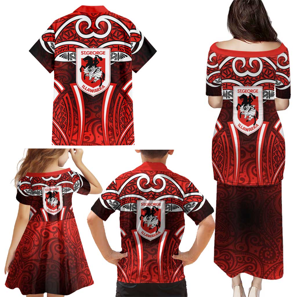 St George Illawarra Dragons Rugby Family Matching Puletasi and Hawaiian Shirt Polynesian Tribal Dragon Warrior Red Pattern
