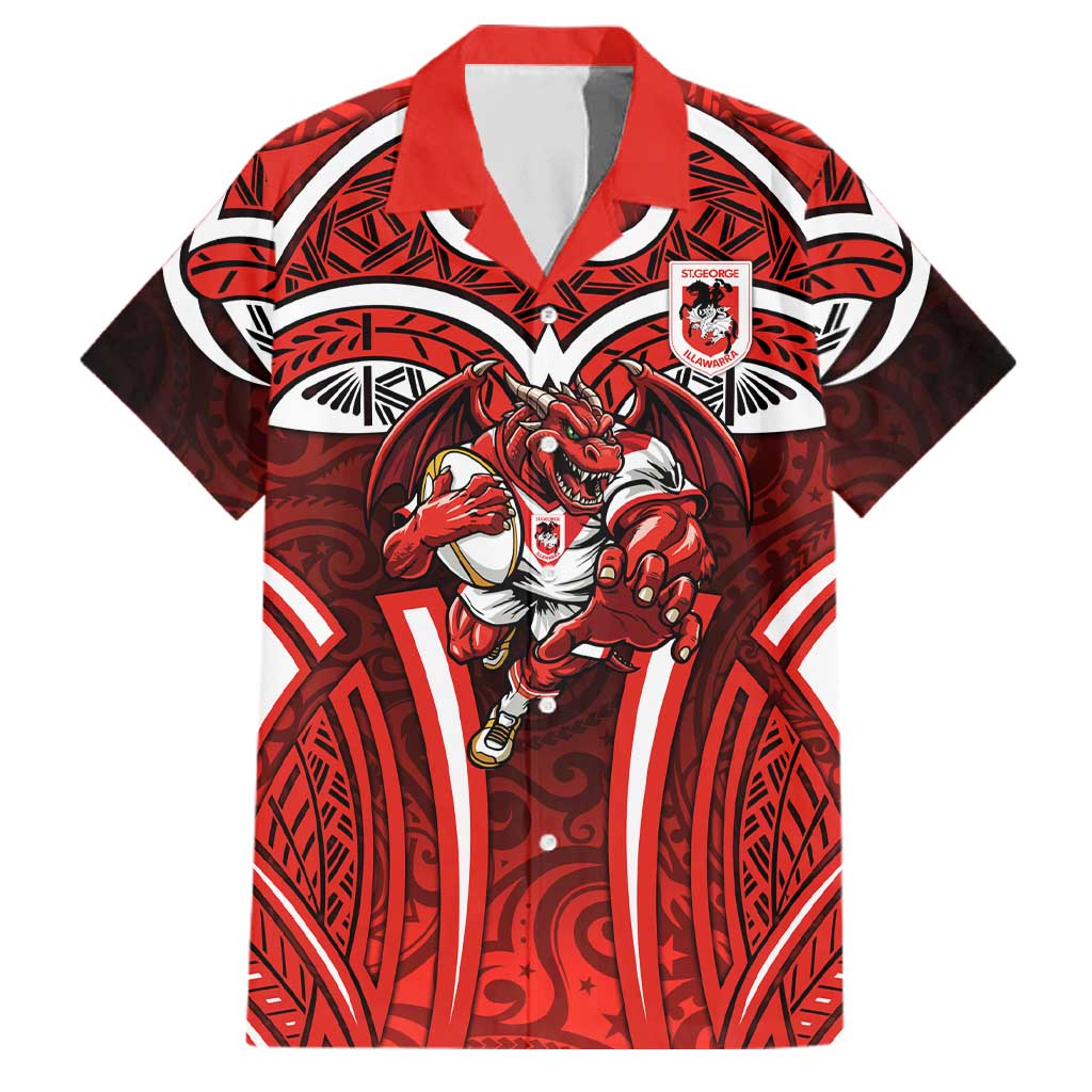 St George Illawarra Dragons Rugby Family Matching Puletasi and Hawaiian Shirt Polynesian Tribal Dragon Warrior Red Pattern