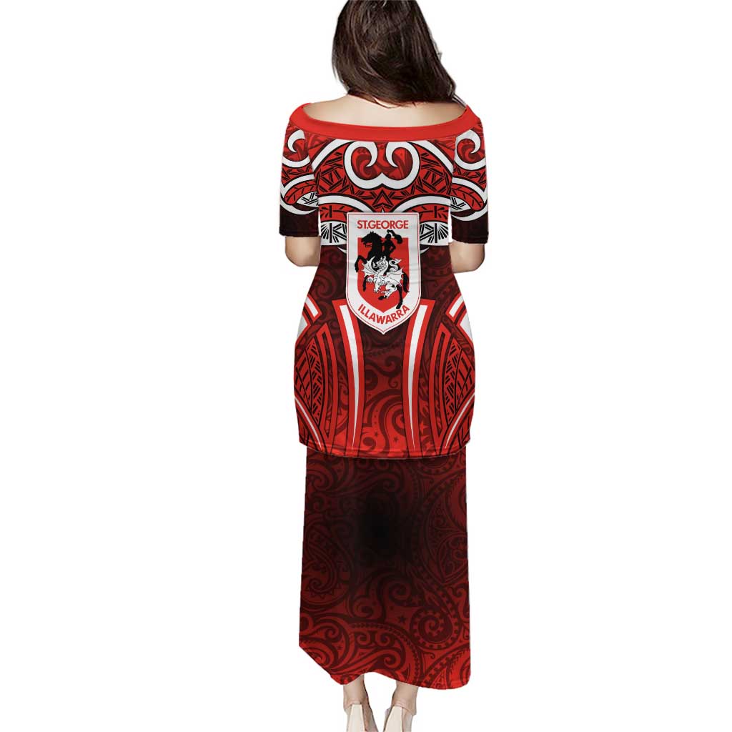 St George Illawarra Dragons Rugby Family Matching Puletasi and Hawaiian Shirt Polynesian Tribal Dragon Warrior Red Pattern