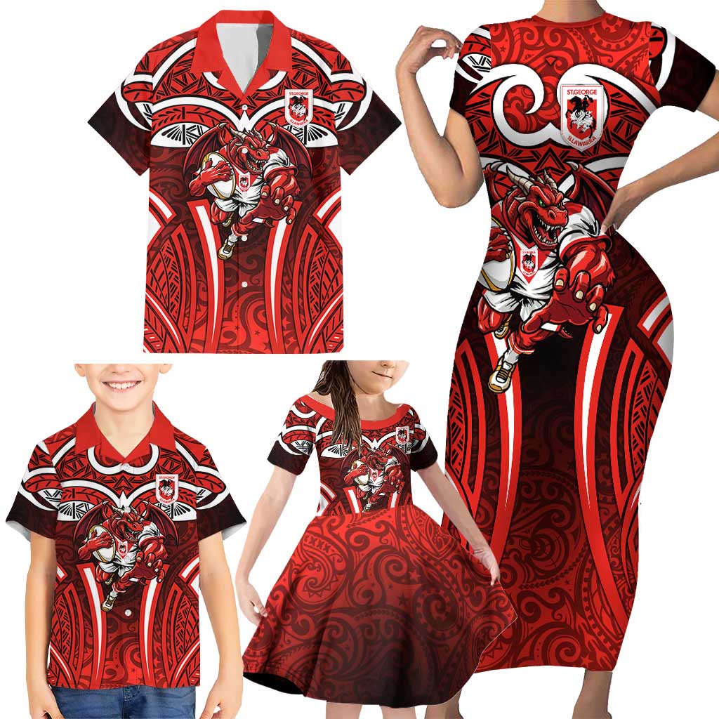 St George Illawarra Dragons Rugby Family Matching Short Sleeve Bodycon Dress and Hawaiian Shirt Polynesian Tribal Dragon Warrior Red Pattern