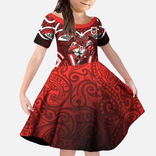 St George Illawarra Dragons Rugby Family Matching Short Sleeve Bodycon Dress and Hawaiian Shirt Polynesian Tribal Dragon Warrior Red Pattern