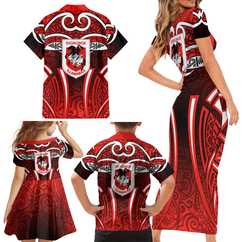 St George Illawarra Dragons Rugby Family Matching Short Sleeve Bodycon Dress and Hawaiian Shirt Polynesian Tribal Dragon Warrior Red Pattern
