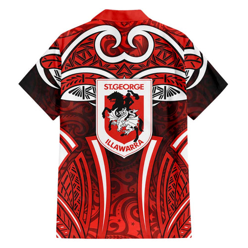 St George Illawarra Dragons Rugby Family Matching Short Sleeve Bodycon Dress and Hawaiian Shirt Polynesian Tribal Dragon Warrior Red Pattern