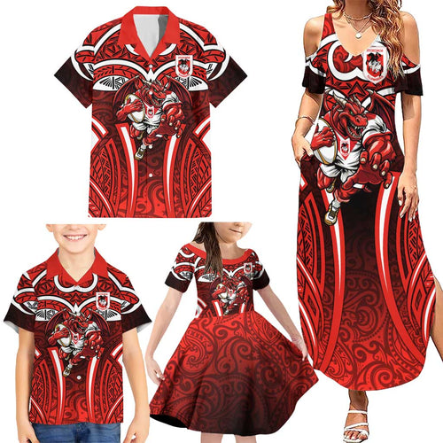 St George Illawarra Dragons Rugby Family Matching Summer Maxi Dress and Hawaiian Shirt Polynesian Tribal Dragon Warrior Red Pattern