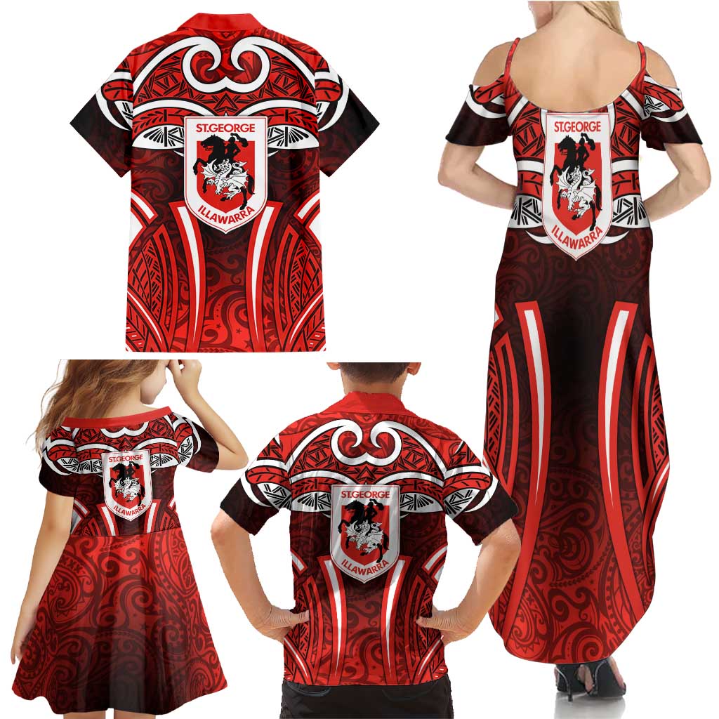 St George Illawarra Dragons Rugby Family Matching Summer Maxi Dress and Hawaiian Shirt Polynesian Tribal Dragon Warrior Red Pattern