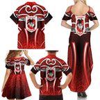 St George Illawarra Dragons Rugby Family Matching Summer Maxi Dress and Hawaiian Shirt Polynesian Tribal Dragon Warrior Red Pattern