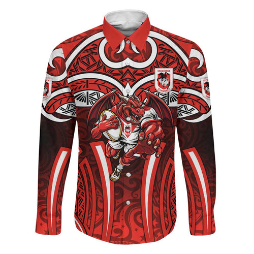 St George Illawarra Dragons Rugby Family Matching Summer Maxi Dress and Hawaiian Shirt Polynesian Tribal Dragon Warrior Red Pattern