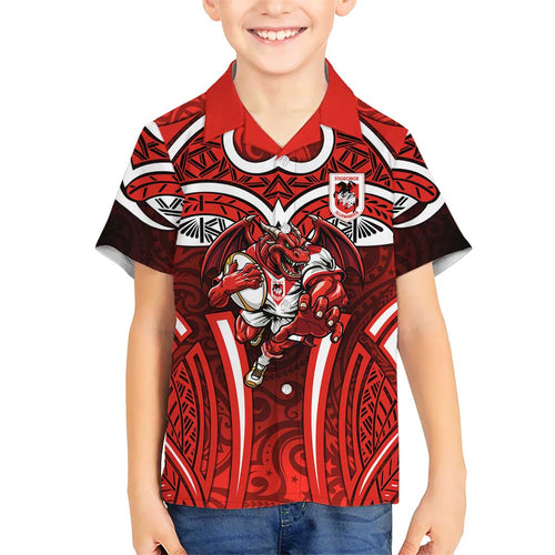 St George Illawarra Dragons Rugby Family Matching Summer Maxi Dress and Hawaiian Shirt Polynesian Tribal Dragon Warrior Red Pattern