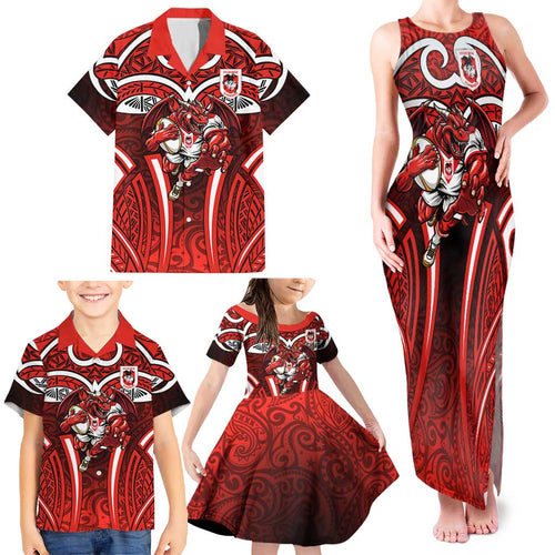 St George Illawarra Dragons Rugby Family Matching Tank Maxi Dress and Hawaiian Shirt Polynesian Tribal Dragon Warrior Red Pattern