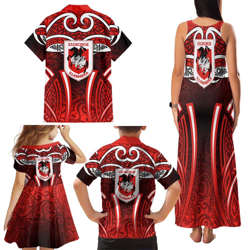 St George Illawarra Dragons Rugby Family Matching Tank Maxi Dress and Hawaiian Shirt Polynesian Tribal Dragon Warrior Red Pattern