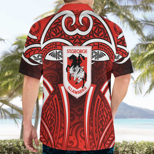 St George Illawarra Dragons Rugby Hawaiian Shirt Polynesian Tribal Dragon Warrior Red Pattern