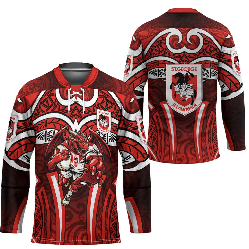 St George Illawarra Dragons Rugby Hockey Jersey Polynesian Tribal Dragon Warrior Red Pattern