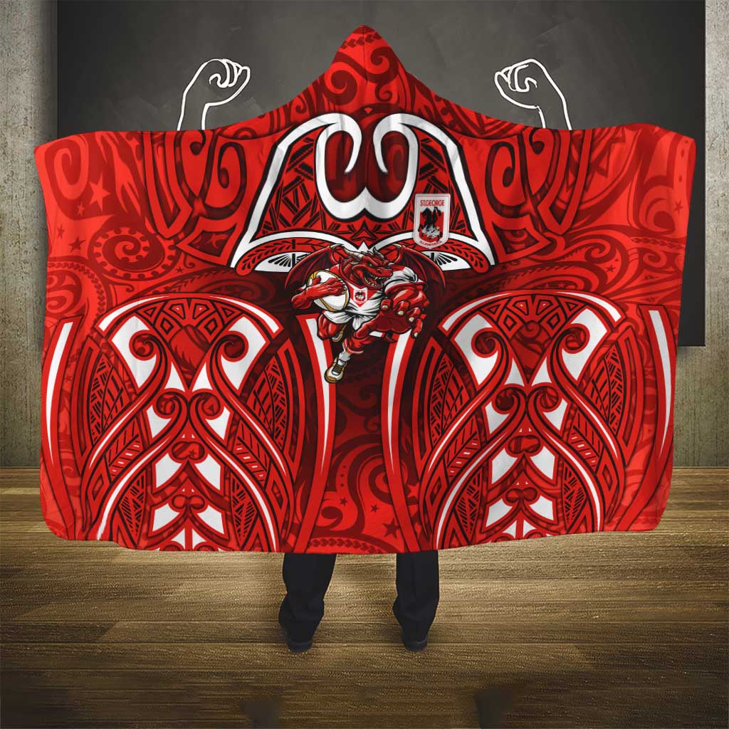 St George Illawarra Dragons Rugby Hooded Blanket Polynesian Tribal Dragon Warrior Red Pattern