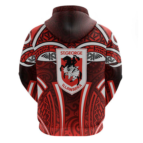 St George Illawarra Dragons Rugby Hoodie Polynesian Tribal Dragon Warrior Red Pattern
